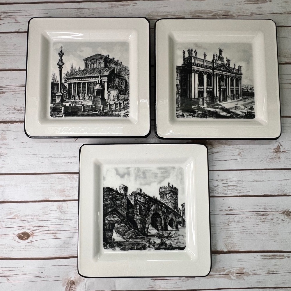 Brunelli Square Dinner Plates Cream Black Italian Architecture Set of 3 - 10in